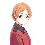 1girl braid brown_hair closed_mouth dated from_side girls_und_panzer horikou jacket looking_at_viewer looking_to_the_side orange_pekoe_(girls_und_panzer) red_jacket signature simple_background smile solo upper_body violet_eyes white_background 