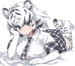  1girl animal_ears animal_print black_hair blue_eyes blush boots collared_shirt commentary_request extra_eyes eyebrows_visible_through_hair head_on_hand highres kakanashi1 kemono_friends looking_at_viewer lying necktie on_bed on_stomach plaid plaid_neckwear plaid_skirt plaid_trim pleated_skirt print_legwear shirt short_hair short_sleeves skirt solo t-shirt tail thigh-highs tiger_ears tiger_girl tiger_print tiger_tail white_hair white_legwear white_shirt white_tiger_(kemono_friends) white_tiger_print zettai_ryouiki 