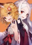  2girls :d accessories animal_ear_fluff animal_ears bangs facial_mark fox_ears fox_girl hands hands_up happy japanese_clothes long_hair looking_at_viewer multiple_girls open_mouth orange_background orange_eyes orange_hair pointy_ears red_eyes roll_okashi senko_(sewayaki_kitsune_no_senko-san) sewayaki_kitsune_no_senko-san shiny shiny_clothes shiny_hair shiro_(sewayaki_kitsune_no_senko-san) short_hair smile thick_eyebrows white_hair wide_sleeves 