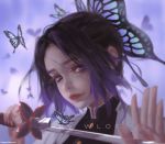  1girl artist_name bug butterfly closed_eyes clothing_request commentary_request copyright_request ears_visible_through_hair hair_ornament highres holding holding_sword holding_weapon insect kochou_shinobu looking_at_viewer short_hair simple_background solo sword violet_eyes weapon wlop 