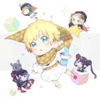  1boy 4girls :3 =_= abigail_williams_(fate/grand_order) ahoge animal arms_up artoria_pendragon_(all) bangs baseball_cap bikini black_bow black_dress black_hair black_headwear black_kimono blonde_hair blue_eyes blue_headwear blush bow brown_bow brown_scarf chibi closed_eyes closed_mouth commentary cube double_bun dress fate/grand_order fate/requiem fate_(series) grey_background hair_bow hair_rings hair_through_headwear hat highres japanese_clothes katsushika_hokusai_(fate/grand_order) kimono light_brown_hair long_hair long_sleeves minigirl multiple_girls mysterious_heroine_xx_(foreigner) octopus parted_bangs parted_lips ponytail puffy_long_sleeves puffy_sleeves scarf shrug_(clothing) side-tie_bikini sleeves_past_fingers sleeves_past_wrists sparkle star_(symbol) swimsuit symbol_commentary tokitarou_(fate/grand_order) totatokeke twintails two-tone_background v-shaped_eyebrows very_long_hair violet_eyes voyager_(fate/requiem) white_background white_bikini wide_sleeves yang_guifei_(fate/grand_order) 