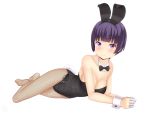  1girl absurdres animal_ears black_eyes black_leotard black_neckwear bow bowtie bunny_girl bunny_tail bunnysuit detached_collar eromanga_sensei fishnet_legwear fishnets highres leotard looking_at_viewer lying on_side pantyhose rabbit_ears sainohikari senju_muramasa short_hair simple_background smile solo strapless strapless_leotard tail violet_eyes white_background wrist_cuffs 