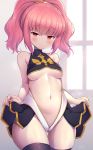  1girl anya_alstreim ass_visible_through_thighs bare_shoulders blush breasts center_opening code_geass commentary_request cowboy_shot eyebrows_visible_through_hair highres lifted_by_self looking_at_viewer medium_breasts pink_hair red_eyes solo tatuyayosi thigh-highs turtleneck under_boob 