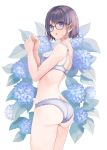  1girl :o akira_(mr_akira) ass bangs bare_arms bare_shoulders black-framed_eyewear blush bra breasts cowboy_shot floral_background flower from_side glasses hands_up highres hydrangea looking_at_viewer looking_to_the_side medium_breasts open_mouth original own_hands_together panties purple_hair short_hair solo thighs underwear underwear_only violet_eyes white_bra white_panties 