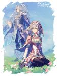  1boy 1girl black_legwear blue_eyes brother_and_sister closed_mouth copyright_name curly_hair dress ebira elbow_gloves flower gloves grass hat head_wings highres kallian long_sleeves melia outdoors petals short_hair siblings silver_hair sitting thigh-highs xenoblade_(series) xenoblade_1 