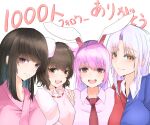  4girls :d absurdres animal_ears bangs black_hair blunt_bangs breasts brown_eyes closed_mouth commentary_request dress eyebrows_visible_through_hair floppy_ears hair_between_eyes highres houraisan_kaguya inaba_tewi light_blush light_smile long_hair looking_at_viewer multiple_girls necktie no_hat no_headwear open_mouth pink_dress pink_eyes pink_shirt purple_hair rabbit_ears red_neckwear reisen_udongein_inaba shirt short_hair sidelocks silver_hair simple_background small_breasts smile touhou translation_request two-tone_dress upper_body violet_eyes white_background white_shirt wing_collar yagokoro_eirin yagoro_kusuriya 