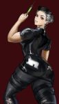  1girl artist_name ass belt black_dress black_legwear dorohedoro dress earrings from_behind jewelry latex latex_dress looking_at_viewer looking_back muscle muscular_female nextoad noi_(dorohedoro) nurse patch patches red_background red_cross red_eyes silver_hair simple_background solo syringe 