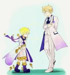  2boys ahoge alternate_costume arthur_pendragon_(fate) baggy_clothes bangs blonde_hair blush closed_eyes closed_mouth eyebrows_visible_through_hair fate/grand_order fate/prototype fate/requiem fate_(series) flower formal full_body gradient_hair green_eyes hair_between_eyes highres long_sleeves looking_at_another male_focus multicolored_hair multiple_boys necktie noha_kome parted_bangs purple_footwear sash shadow shiny shorts simple_background smile standing standing_on_one_leg star_(symbol) suit voyager_(fate/requiem) white_footwear white_suit 