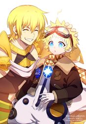  2boys alternate_costume baggy_clothes bangs blonde_hair blue_eyes bright_pupils chest closed_eyes earrings eyebrows_visible_through_hair fate/grand_order fate/requiem fate_(series) gloves glowing goggles goggles_on_head gradient_hair greek_clothes hand_on_head jason_(fate/grand_order) jewelry light long_sleeves male_focus meiji_ken multicolored_hair multiple_boys open_mouth parted_bangs petting revealing_clothes scarf sitting smile spacesuit star_(symbol) teeth upper_body voyager_(fate/requiem) white_background yellow_scarf 