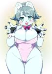  1girl animal_ears blue_fur blush bow bowtie breasts commentary_request cowboy_shot detached_collar fangs fox fox_ears fox_girl furry green_eyes green_hair large_breasts looking_at_viewer open_mouth original pawpads red_bow short_hair solo sparkle tanutan_(fur-ecoro3) thick_thighs thighs wide_hips wrist_cuffs 