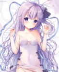  1girl arms_up azur_lane bare_shoulders blush breasts covered_navel dress eyebrows_visible_through_hair hair_bun hair_ribbon long_hair looking_at_viewer lying on_back panties purple_hair ribbon side_bun small_breasts solo sousouman underwear unicorn_(azur_lane) very_long_hair violet_eyes white_dress white_panties 