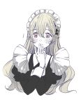  1girl closed_mouth corrin_(fire_emblem) corrin_(fire_emblem)_(female) fire_emblem fire_emblem_fates highres long_hair long_sleeves maid maid_headdress red_eyes roroichi simple_background solo upper_body white_background white_hair 