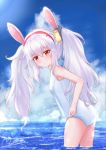  1girl animal_ears ass azur_lane bare_shoulders blue_sky blush breasts clouds day eyebrows_visible_through_hair fake_animal_ears hair_between_eyes hair_ornament hairband laffey_(azur_lane) long_hair looking_at_viewer m_ko_(maxft2) ocean old_school_swimsuit open_mouth rabbit_ears red_eyes school_swimsuit silver_hair sky small_breasts solo swimsuit thighs twintails very_long_hair white_school_swimsuit white_swimsuit 