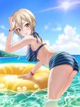  1girl ass bikini blue_bikini blue_sky blush bracelet breasts clouds commentary_request corin_(djdhqflz0djolut) day eyelashes grey_eyes grey_hair hair_between_eyes highres idolmaster idolmaster_cinderella_girls in_water innertube jewelry looking_at_viewer looking_back medium_breasts ocean partially_submerged shiomi_shuuko short_hair sky solo standing striped striped_bikini swimsuit water 