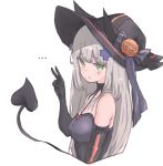  ... 1girl bare_shoulders demon_tail elbow_gloves facial_mark girls_frontline gloves green_eyes hair_ornament halloween halloween_costume hat hiepita97 hk416_(girls_frontline) jack-o&#039;-lantern long_hair open_mouth silver_hair solo tail v white_background 