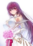  1girl alternate_costume blush bouquet breasts covered_nipples damda detached_sleeves dress fate/grand_order fate_(series) flower hair_intakes large_breasts long_hair looking_at_viewer purple_hair red_eyes scathach_(fate)_(all) scathach_(fate/grand_order) smile solo wedding_dress white_background 