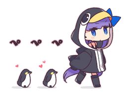  1girl animal_hood bangs bikini bird black_bikini black_jacket blue_bow blue_eyes blush bow breasts choker fate/grand_order fate_(series) heart hood hood_up jacket long_hair long_sleeves looking_at_viewer meltryllis meltryllis_(swimsuit_lancer)_(fate) penguin penguin_hood purple_hair simple_background sleeves_past_fingers sleeves_past_wrists small_breasts swimsuit very_long_hair white_background yoru_nai 