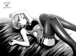  1girl arm_up artist_name azumi_(girls_und_panzer) bad_id bad_twitter_id bangs bed_sheet boyshort_panties bra commentary dated garter_straps girls_und_panzer greyscale hairanworkshop halftone heart_cutout highres lace lace-trimmed_bra lace-trimmed_legwear lace-trimmed_shirt legs_up lingerie looking_at_viewer lying monochrome on_back panties parted_lips shirt short_hair signature thigh-highs twitter_username underwear 