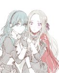  2girls ballpoint_pen_(medium) bangs black_gloves black_hairband blue_eyes blue_hair blush byleth_(fire_emblem) byleth_eisner_(female) cape closed_mouth edelgard_von_hresvelg embarrassed fire_emblem fire_emblem:_three_houses gloves hair_between_eyes hair_ribbon hairband highres holding_hands long_hair long_sleeves multiple_girls purple_ribbon red_cape ribbon roroichi shiny shiny_hair silver_hair simple_background sketch standing traditional_media uniform very_long_hair white_background 