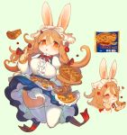  1girl animal_ears aoneko blush breasts brown_hair bunny_girl closed_eyes commentary_request copyright_request eating food furry green_background hair_between_eyes hand_on_own_cheek holding holding_food index_finger_raised large_breasts long_hair multiple_views orange_eyes pie rabbit rabbit_ears simple_background thigh-highs white_legwear yellow_fur 