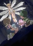  1girl 2boys absurdres angel angel_wings anklet bangs barefoot blonde_hair body_markings bracelet brown_hair brown_legwear brown_shorts cave clenched_hands commentary_request digimon digimon_adventure dutch_angle egg eyebrows_visible_through_hair facial_mark feathered_wings floating from_behind full_body glowing green_eyes green_footwear green_headwear green_shirt hair_between_eyes hat head_wings highres holding_egg horizontal_stripes jewelry kneeling looking_at_another lucemon multiple_boys multiple_wings open_mouth overall_shorts pink_shirt scarf shirt shoes short_hair short_sleeves shorts sidelocks sneakers socks striped striped_shirt takaishi_takeru tantanmen toga wings yagami_hikari yellow_footwear yellow_scarf 