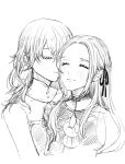  2girls ballpoint_pen_(medium) blush byleth_(fire_emblem) byleth_eisner_(female) closed_eyes cropped_torso edelgard_von_hresvelg fire_emblem fire_emblem:_three_houses hair_ribbon highres long_hair monochrome multiple_girls ribbon roroichi sketch smile traditional_media turtleneck uniform upper_body yuri 