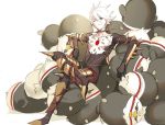  1boy 1other armor bird blue_eyes bodysuit collar creature crossed_legs earrings fate/apocrypha fate/extella fate/extra fate/grand_order fate_(series) full_body gem hair_between_eyes jewelry karna_(fate) looking_at_viewer male_focus pako pale_skin sitting sketch white_hair 