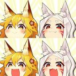  2girls :d accessories angry_dog_noises animal_ear_fluff animal_ears bangs_pinned_back blush closed_mouth facial_mark flower fox_ears fox_girl hair_flower hair_ornament happy long_hair looking_down multiple_girls open_mouth orange_eyes orange_hair pointy_ears red_eyes red_flower senko_(sewayaki_kitsune_no_senko-san) sewayaki_kitsune_no_senko-san shiny shiny_hair shiny_skin shiro_(sewayaki_kitsune_no_senko-san) short_hair smile striped striped_background thick_eyebrows white_hair wide-eyed 