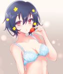  1girl :o bangs black_hair blue_bra bow bow_bra bra breasts commentary eyebrows_visible_through_hair food fruit hair_ornament holding holding_food holding_fruit lace lace-trimmed_bra looking_at_viewer makeup mascara medium_breasts mizuno_ai open_mouth red_eyes short_hair solo strawberry terimuku underwear underwear_only upper_body zombie_land_saga 