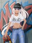  1girl azur_lane bangs baseball_cap belt black_belt black_bra black_headwear black_nails bodypaint bra breasts closed_mouth clothes_writing collarbone commentary_request cowboy_shot crossed_bangs dark_skin denim drop_shadow facepaint graffiti groin hair_between_eyes hand_on_hip hat high_ponytail holding_skateboard jeans long_hair looking_at_viewer medium_breasts midriff minneapolis_(azur_lane) minneapolis_(extreme_games)_(azur_lane) native_american navel pants ponytail red_eyes see-through shirt short_sleeves sidelocks sigeranai skateboard solo standing t-shirt tied_shirt torn_clothes torn_pants underwear very_long_hair wall white_hair white_shirt 