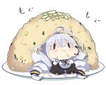  1girl :t antenna_hair bangs black_jacket braid breasts chibi closed_mouth commentary_request eating food food_on_face fried_rice hair_between_eyes hair_ornament headset in_food jacket kizuna_akari large_breasts long_hair long_sleeves milkpanda minigirl plate puffy_cheeks puffy_long_sleeves puffy_sleeves rice rice_on_face shirt silver_hair solid_oval_eyes solo twin_braids twintails very_long_hair voiceroid wavy_mouth white_background white_shirt 