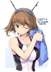  1girl breasts brown_hair collarbone cropped_torso dated eyebrows_visible_through_hair green_eyes hair_between_eyes headgear holding holding_towel kantai_collection large_breasts mutsu_(kantai_collection) odawara_hakone one_eye_closed short_hair simple_background smile solo towel twitter_username white_background 