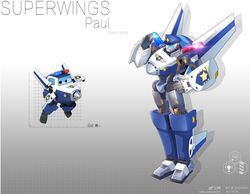  2017 aircraft airplane dated hand_on_hip highres mecha no_humans open_mouth paul_(super_wings) police redesign reference_photo_inset robot salute solo super_wings visor zhuyukun2003 