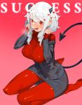  1girl black_horns black_suit blush breasts demon_girl demon_horns demon_tail glorious_success heart heart-shaped_pupils helltaker highres horns large_breasts long_sleeves looking_at_viewer modeus_(helltaker) red_eyes red_sweater shirt short_hair sleeves_past_wrists solo sweater symbol-shaped_pupils tail tommy830219 turtleneck white_hair 
