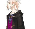  1boy bangs black_hoodie blue_eyes collarbone expressionless fate/apocrypha fate/extella fate/extra fate/grand_order fate_(series) from_side hair_between_eyes hood hood_down karna_(fate) long_sleeves looking_up makeup male_focus no_earrings pako pale_skin ponytail shiny shiny_hair solo upper_body vest white_background white_hair 