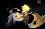  1boy black_background blonde_hair bomber_jacket closed_eyes dhiea fate/grand_order fate/requiem fate_(series) jacket listening_to_music male_focus musical_note scarf smile spacesuit voyager_(fate/requiem) 