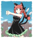  1girl animal_ears bare_legs black_bow black_dress black_ribbon bow braid cat_ears chups cowboy_shot dress extra_ears eyebrows_visible_through_hair frilled_dress frills green_frills highres kaenbyou_rin looking_at_viewer multiple_tails outdoors red_eyes red_nails redhead ribbon sleeveless sleeveless_dress tail touhou two_tails 