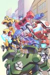  1girl autobot bulkhead bumblebee clenched_hands dog energy_axe from_side highres jazz_(transformers) lantana0_0 mecha one_eye_closed open_mouth optimus_prime ratchet redhead sari_sumdac transformers transformers_animated twintails visor younger 