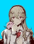  1girl bangs black_hairband blonde_hair blue_background blush bow bowtie closed_mouth collared_shirt corrin_(fire_emblem) corrin_(fire_emblem)_(female) fire_emblem fire_emblem_fates hair_between_eyes hairband highres kirby kirby_(series) long_hair long_sleeves looking_at_viewer red_bow red_eyes red_neckwear roroichi school_uniform shirt simple_background solo super_smash_bros. upper_body very_long_hair white_shirt wing_collar 