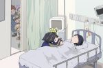  1girl 5boys bandana bed blanket blue_hair bouquet digimon digimon_frontier door electric_socket flower goggles highres himi_tomoki hospital hospital_bed kanbara_takuya kimura_kouichi minamoto_kouji multiple_boys orimoto_izumi shibayama_junpei striped tantanmen 