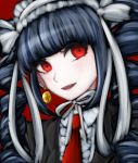  black_hair black_jacket celestia_ludenberck commentary dangan_ronpa dangan_ronpa_1 drill_hair earrings gothic_lolita jacket jewelry lchiflr lolita_fashion looking_to_the_side necktie open_mouth portrait red_background red_eyes simple_background 