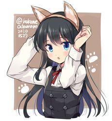  1girl animal_ears asashio_(kantai_collection) black_dress black_hair blue_eyes blush buttons cropped_torso dated dress fake_animal_ears hair_between_eyes kantai_collection long_hair long_sleeves neck_ribbon odawara_hakone open_mouth pinafore_dress red_ribbon remodel_(kantai_collection) ribbon school_uniform shirt solo twitter_username white_shirt 