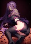  1girl ass bangs bare_shoulders black_dress black_footwear boots breasts detached_sleeves dress facial_mark fate/stay_night fate_(series) forehead forehead_mark high_heel_boots high_heels highres kyouya_(mukuro238) large_breasts legs long_hair looking_at_viewer open_mouth parted_bangs purple_hair rider short_dress thigh-highs thigh_boots very_long_hair violet_eyes 