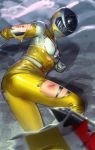  1girl bodysuit denji_sentai_megaranger gloves highres jougasaki_chisato mega_yellow sentai short_hair simple_background solo super_sentai tokusatsu torn_clothes 