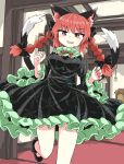  1girl animal_ears bare_legs black_bow black_dress black_footwear black_ribbon bow cat_ears chups cowboy_shot dress extra_ears eyebrows_visible_through_hair fang frilled_dress frills green_frills highres indoors kaenbyou_rin looking_at_viewer multiple_tails red_eyes red_nails red_neckwear redhead ribbon solo tail touhou two_tails 