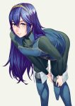  1girl adjusting_footwear ameno_(a_meno0) bangs bent_over black_bodysuit blue_eyes blue_footwear blue_hair blush bodysuit boots brown_hairband eyebrows_visible_through_hair fire_emblem fire_emblem_awakening grey_background hair_between_eyes hairband long_hair long_sleeves looking_at_viewer lucina lucina_(fire_emblem) parted_lips shiny shiny_hair simple_background solo standing thigh-highs thigh_boots undressing very_long_hair 