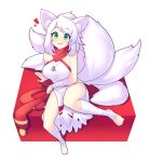  1girl animal_ears bangs breasts commission dog_tags eyebrows_visible_through_hair fang fizintine fox_ears fox_tail green_eyes highres large_breasts looking_at_viewer original parted_lips short_hair sitting solo swept_bangs tail white_hair 