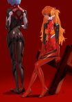  2girls :/ ass ayanami_(azur_lane) black_bodysuit blue_eyes blue_hair bodysuit breasts closed_mouth commentary covered_navel english_commentary eyepatch full_body highres long_hair multiple_girls neon_genesis_evangelion number one_eye_covered plugsuit red_background short_hair simple_background sitting skin_tight small_breasts souryuu_asuka_langley standing two_side_up very_long_hair yang-do 