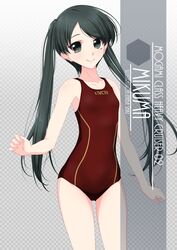  1girl artist_name black_hair brown_swimsuit character_name checkered checkered_background commentary_request competition_swimsuit cowboy_shot flat_chest gradient gradient_background grey_background grey_eyes highres inaba_shiki kantai_collection long_hair looking_at_viewer mikuma_(kantai_collection) one-piece_swimsuit smile solo swimsuit twintails 