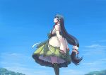  1girl black_hair blue_sky clouds commentary_request day detached_sleeves dress feet_out_of_frame green_dress hair_ribbon hair_tubes highres kantai_collection long_hair low-tied_long_hair mizuho_(kantai_collection) outdoors ribbon sidelocks sky solo standing vent_arbre very_long_hair 